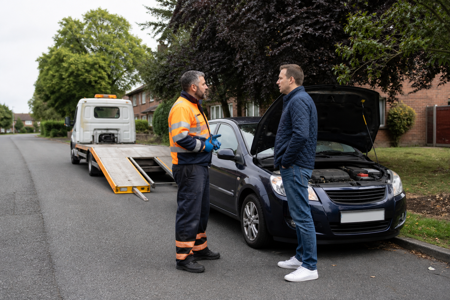 Recovery operator talking with a driver beside a car with its bonnet open