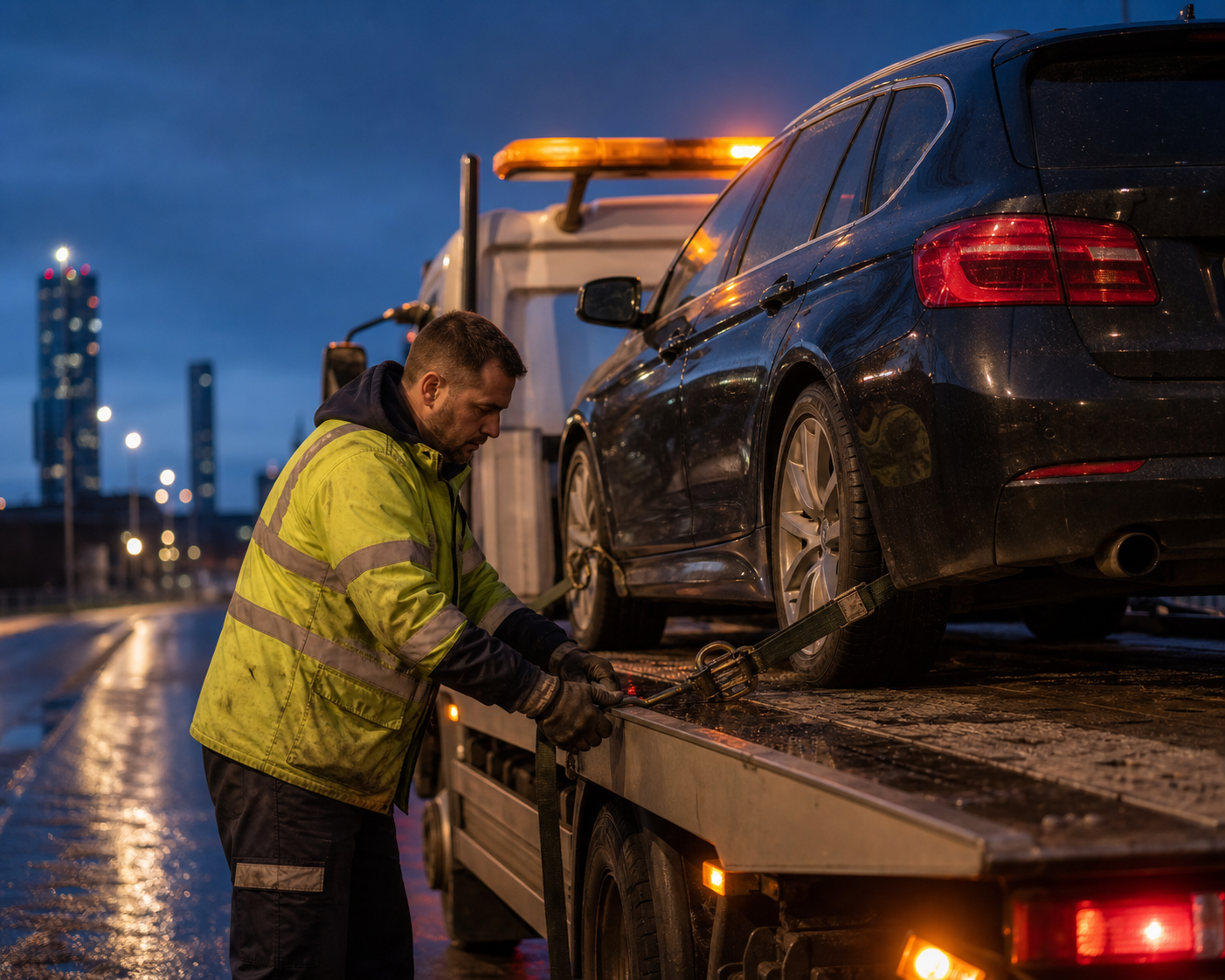 Recovery operator securing a vehicle on a flatbed truck at dusk