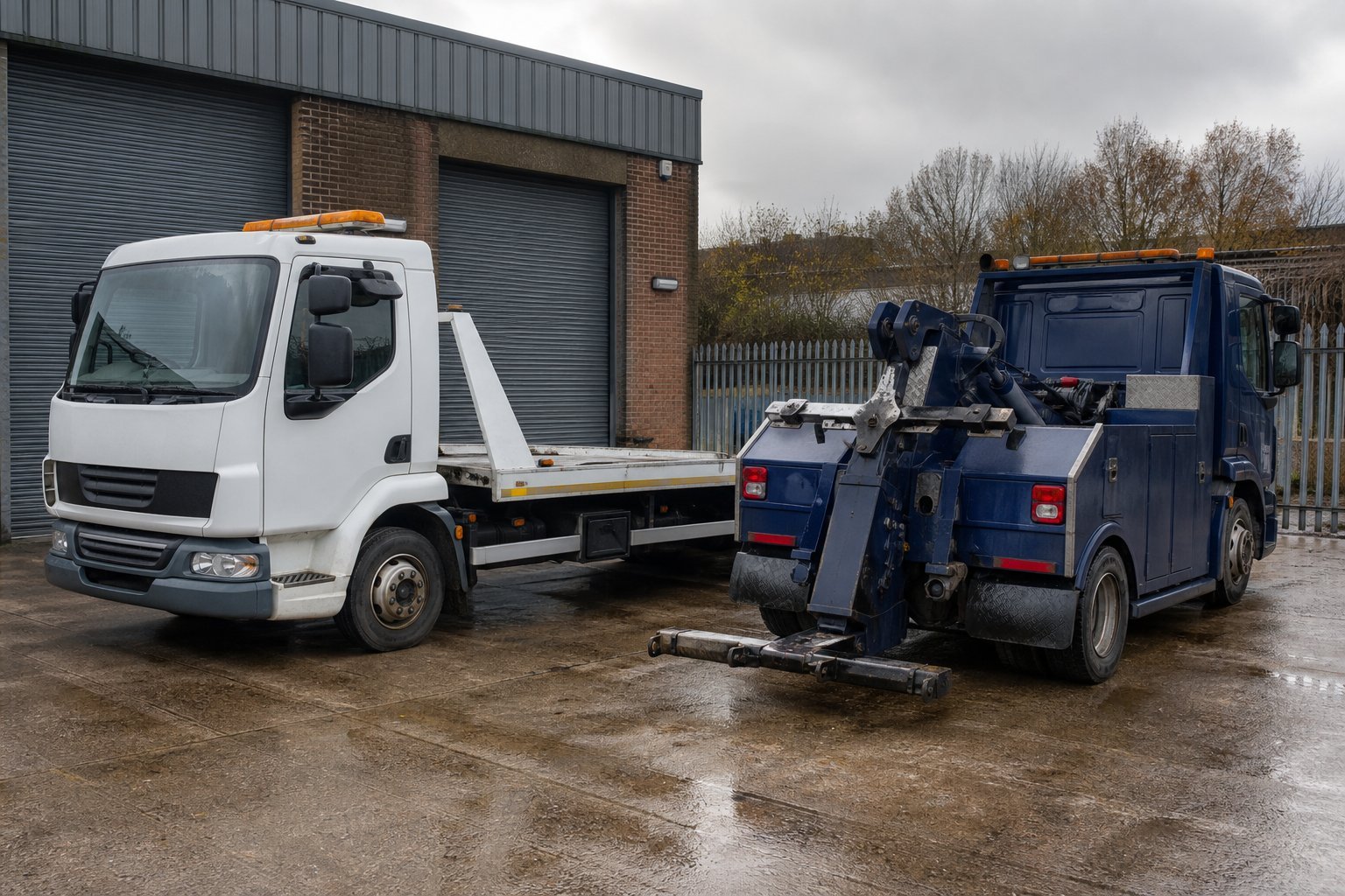 Two recovery trucks parked outside a small industrial depot