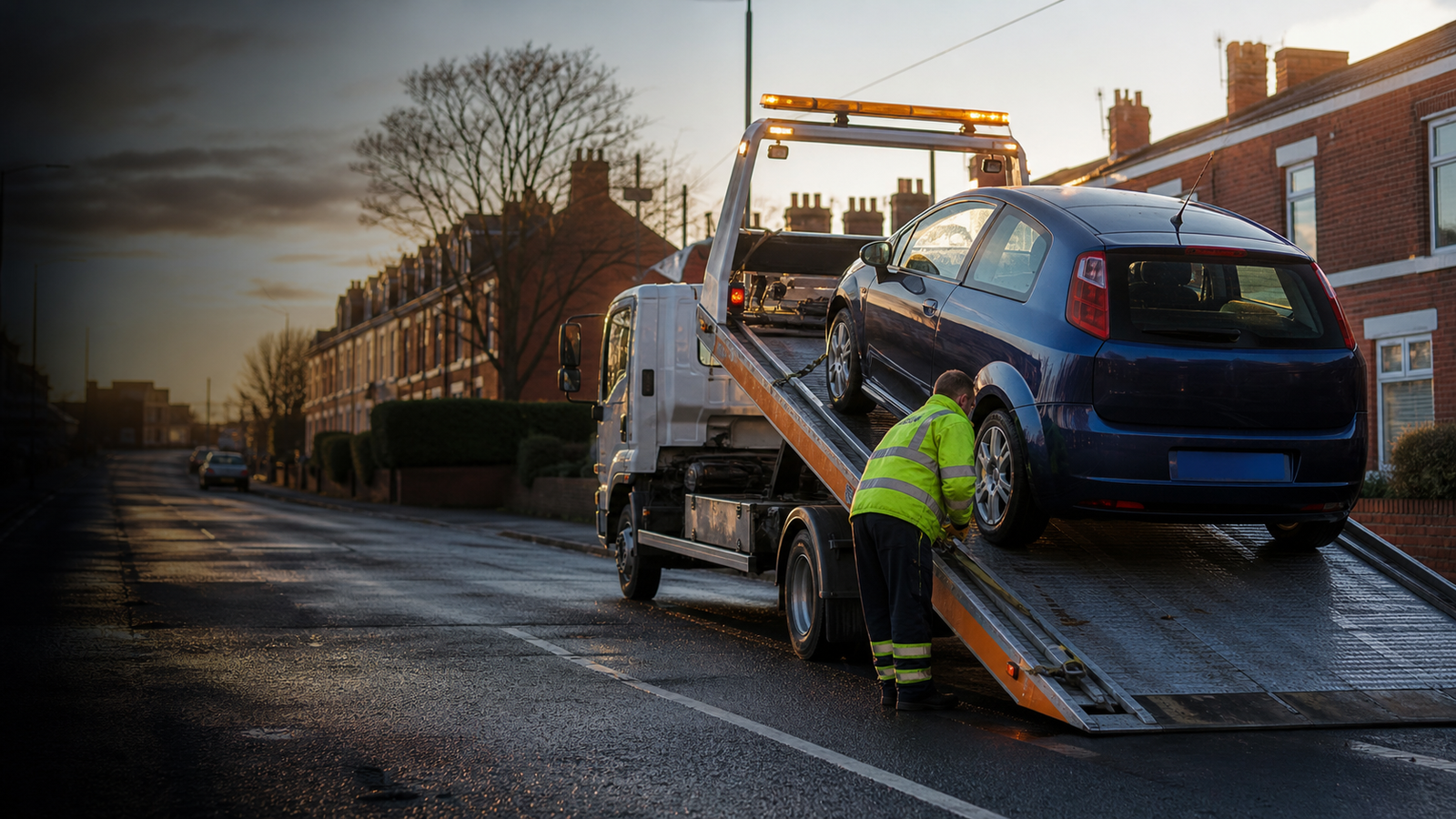 Recovery operator loading a blue hatchback onto a flatbed truck on a wet Manchester street