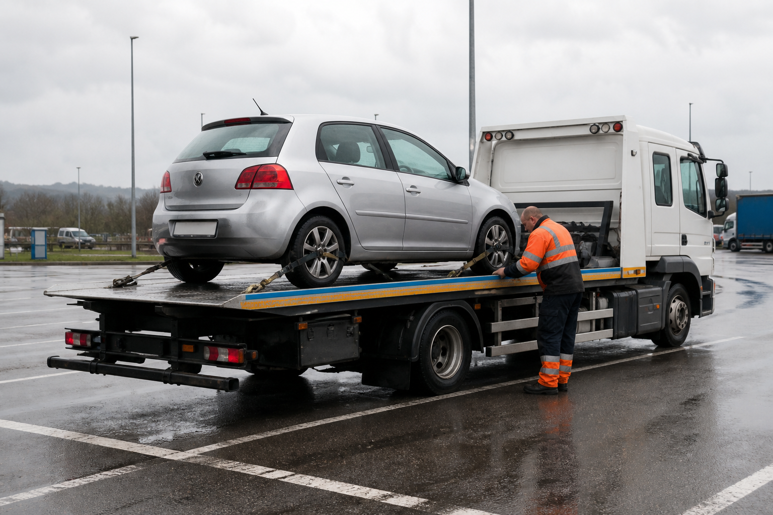 Recovery operator securing a silver car to a flatbed truck at a motorway service area